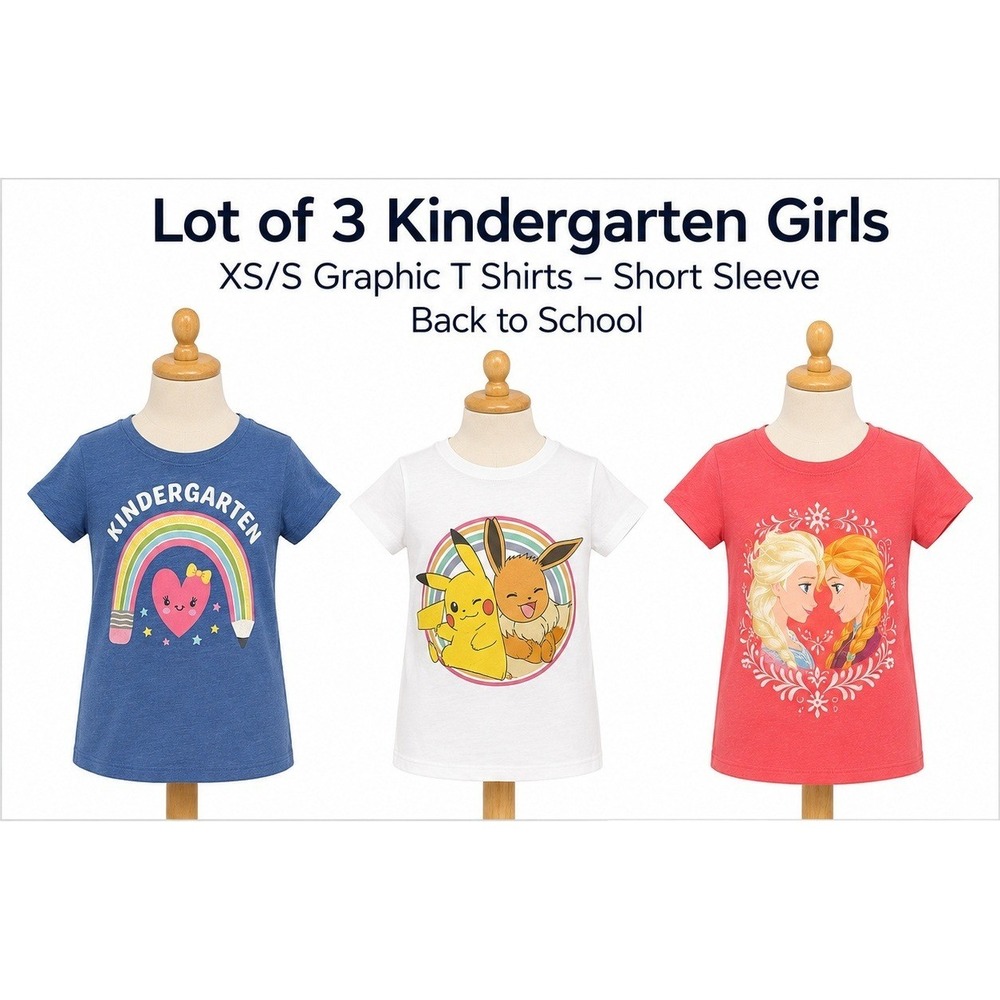 Lot of 3 Kindergarten Girls XS/S Graphic T Shirts Pokemon Frozen School Blue Red